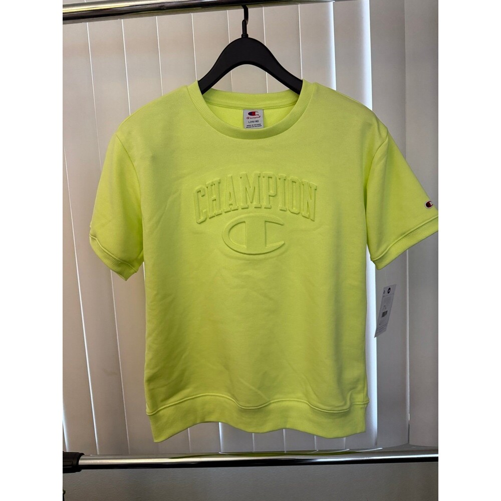 NWT Youth Champion Neon Yellow w/ Oversized Logo Crewneck Shirt Size Large 14/16
